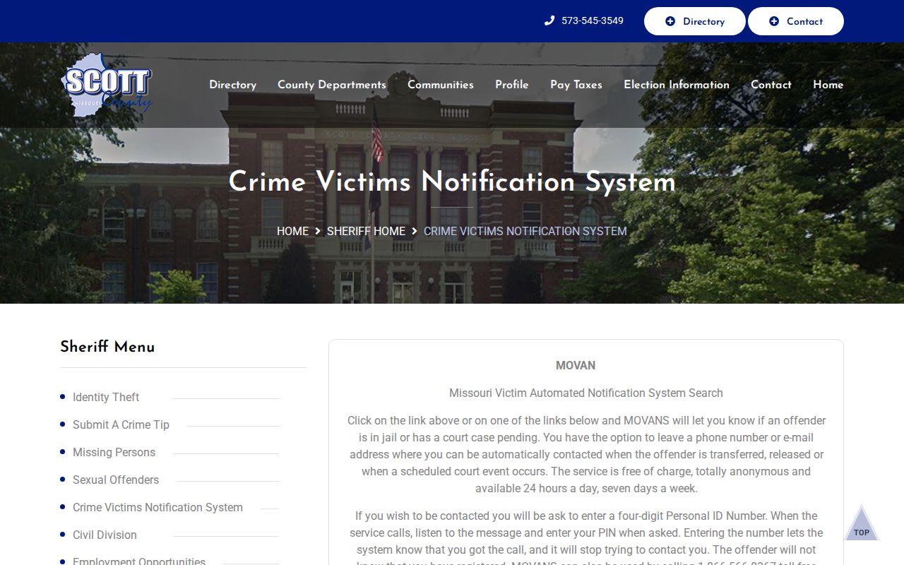 Scott County MOVANS custody notification information