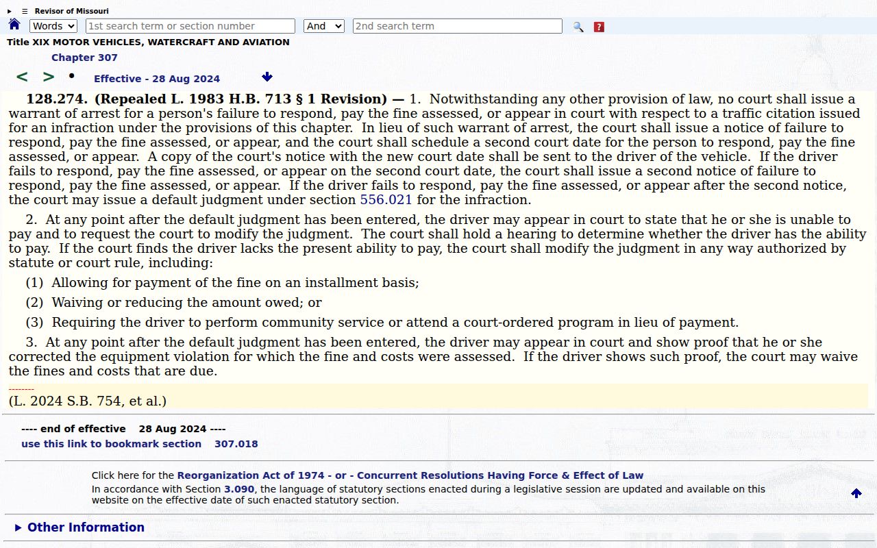 Missouri traffic infraction notice and warrant statute