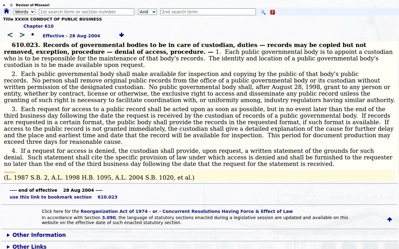 Missouri public record custodian response statute
